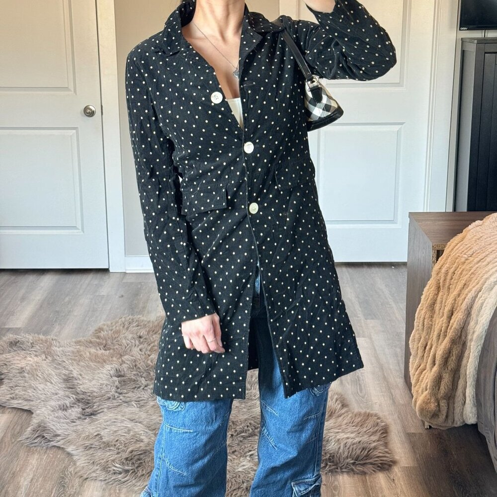 Vintage Womens Polka Dot Trench Coat Corduroy Jacket Whimsy Preppy Chic Black 8